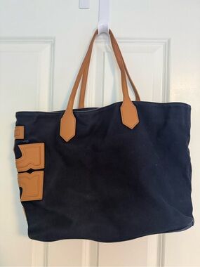Tory Burch Navy Canvas Tote with Tan Leather Trim